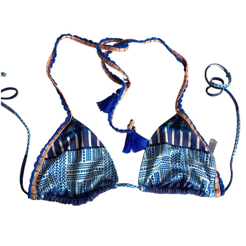 Aerie Size Small String Bikini Swimsuit Aztec Navy Blue Tassel Tie Embroidered